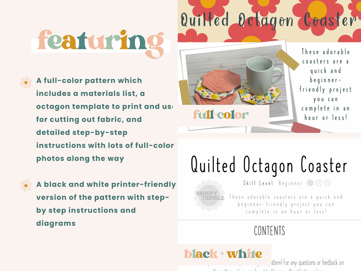 Quilted Octagon Fabric Coasters PDF Pattern