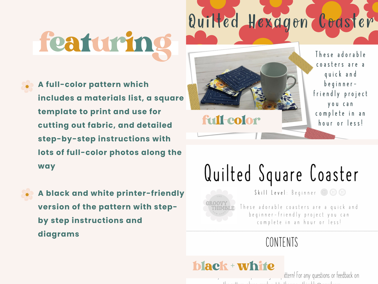 Quilted Square Fabric Coasters PDF Pattern