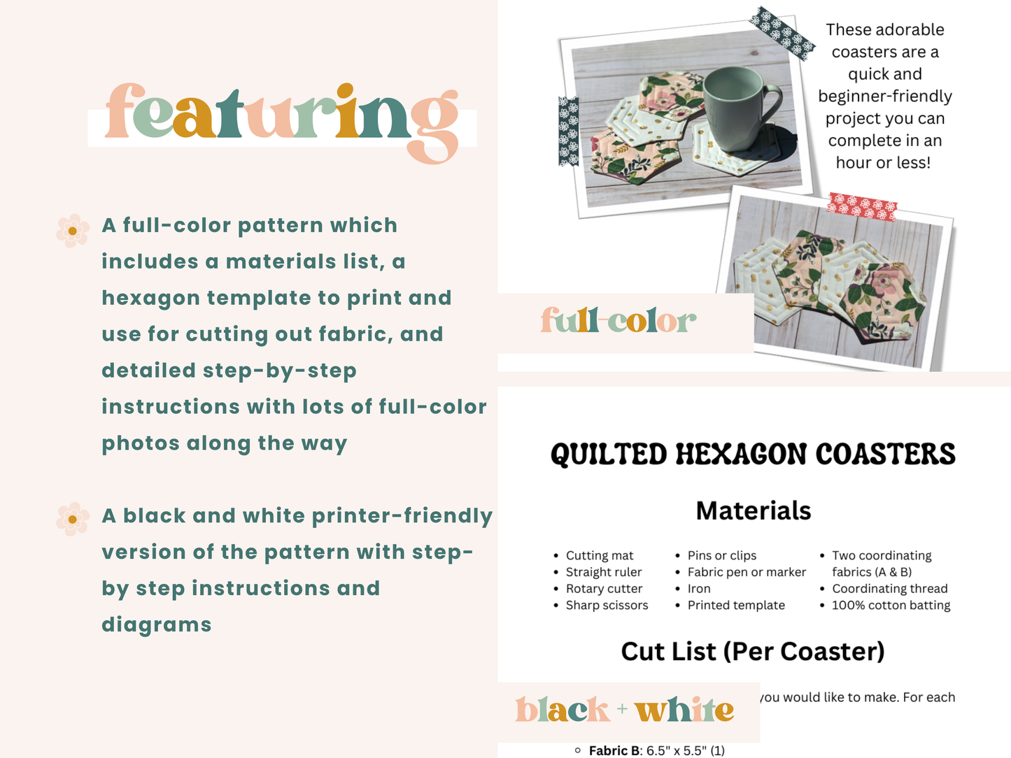 Quilted Hexagon Fabric Coasters PDF Pattern
