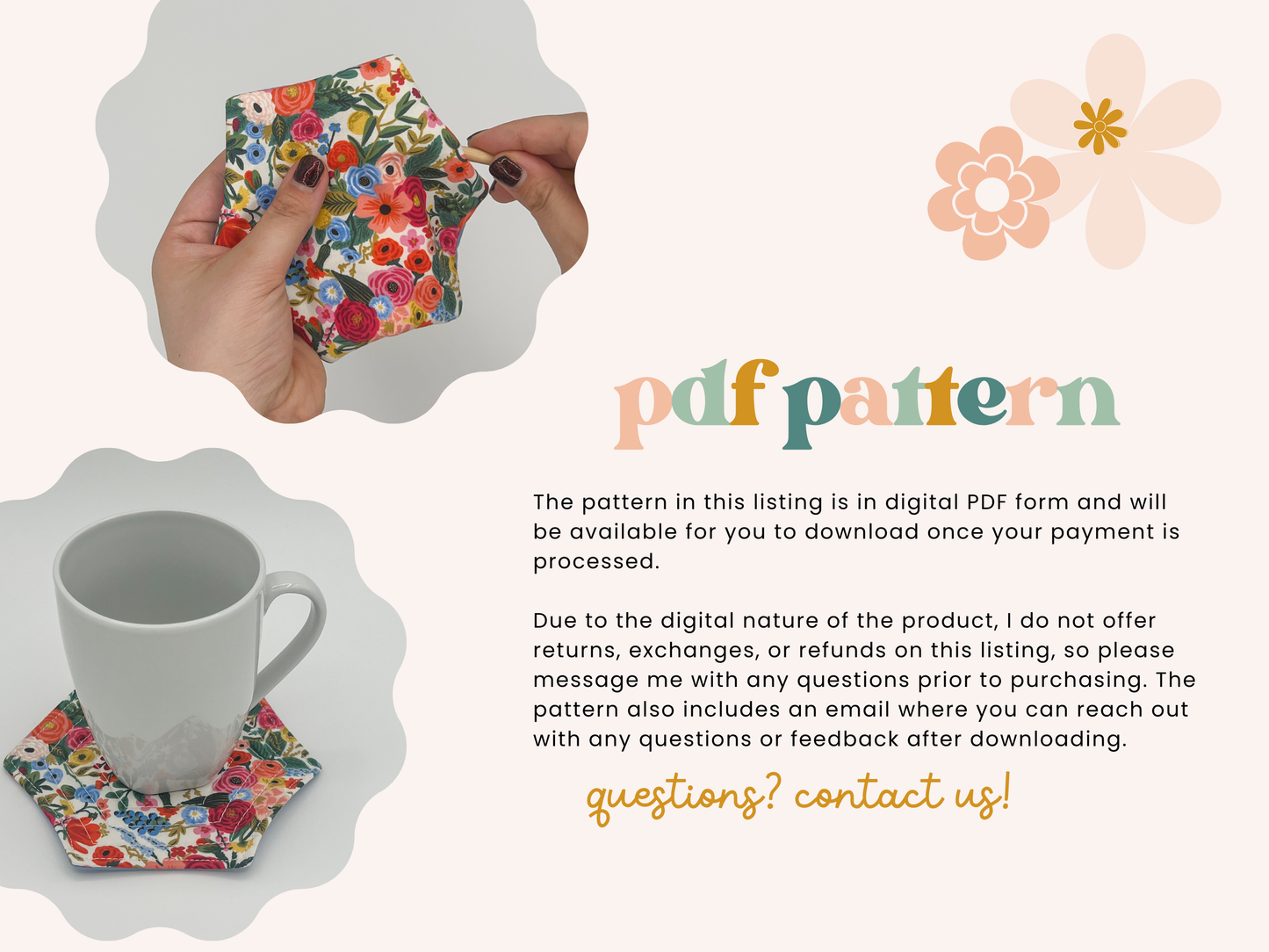 Quilted Hexagon Fabric Coasters PDF Pattern