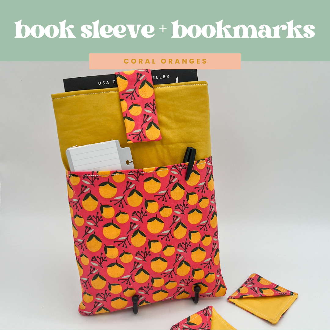 Book Sleeve with 2 Fabric Bookmarks in Coral Oranges