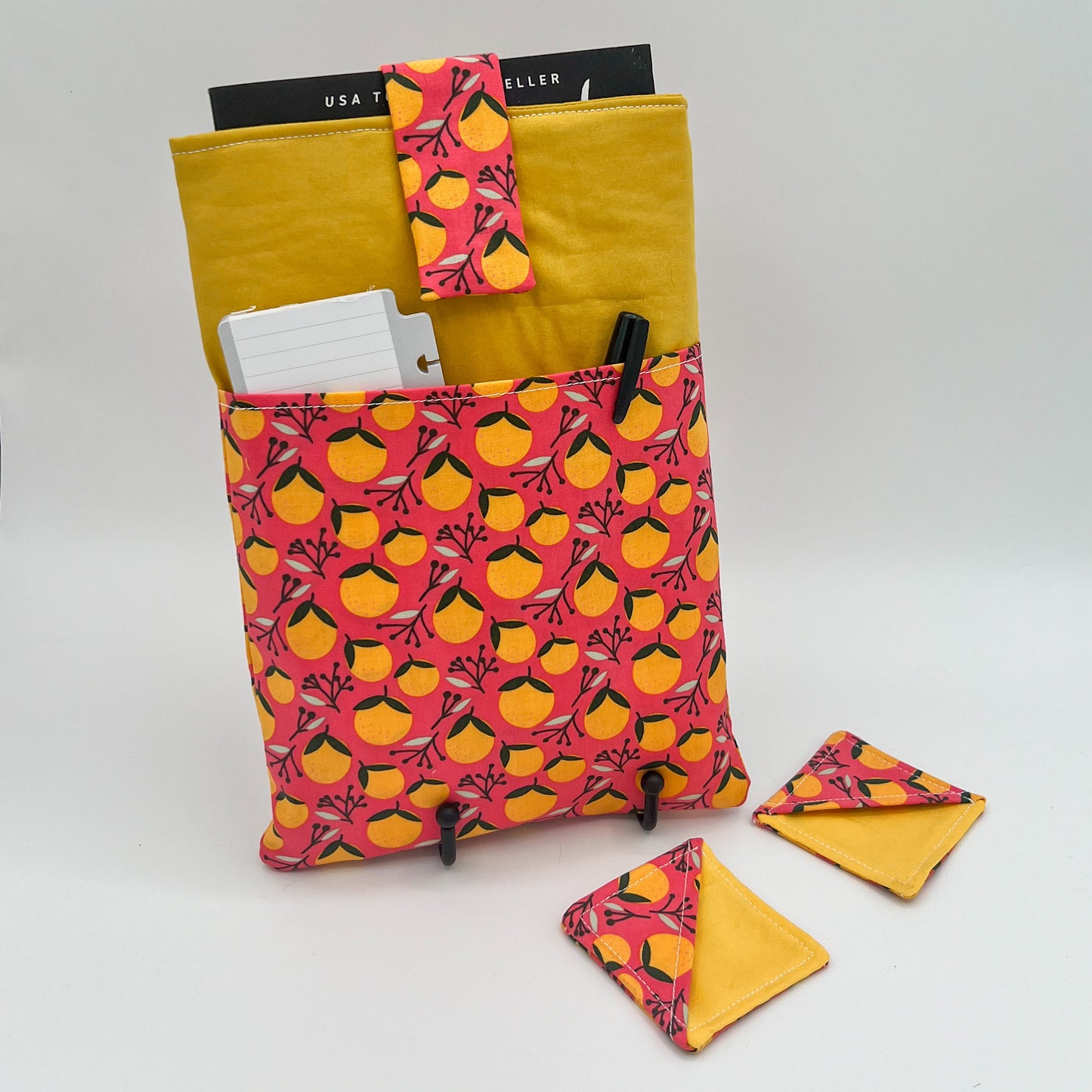Book Sleeve with 2 Fabric Bookmarks in Coral Oranges