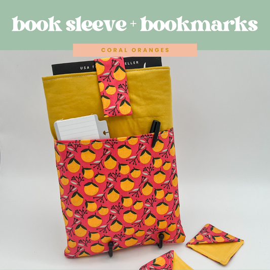 Book Sleeve with 2 Fabric Bookmarks in Coral Oranges